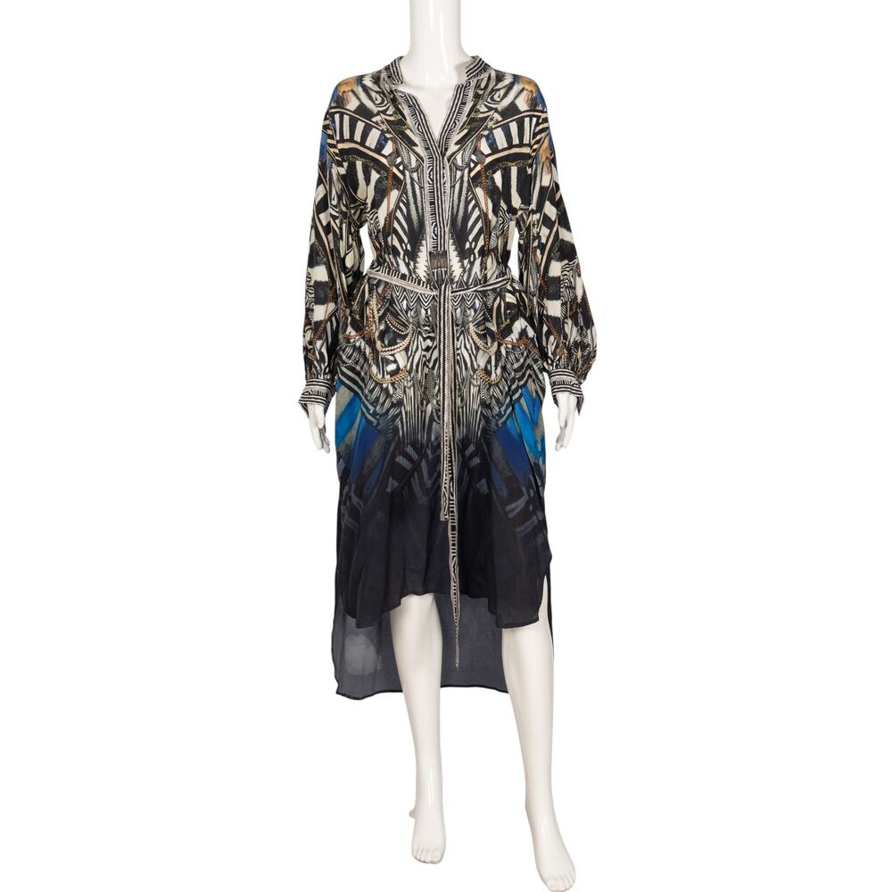 CAMILLA Blue Silk Printed Midi Shirt Dress Size Small